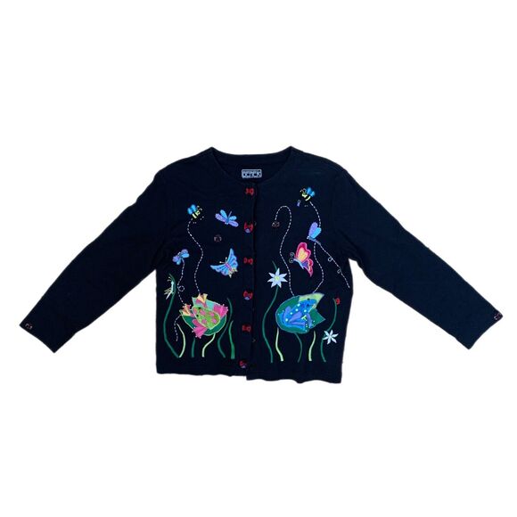 Berek2 Takako Small Beaded Cardigan Embroidered Black Butterfly Ladybug 80s Vtg - Picture 6 of 7